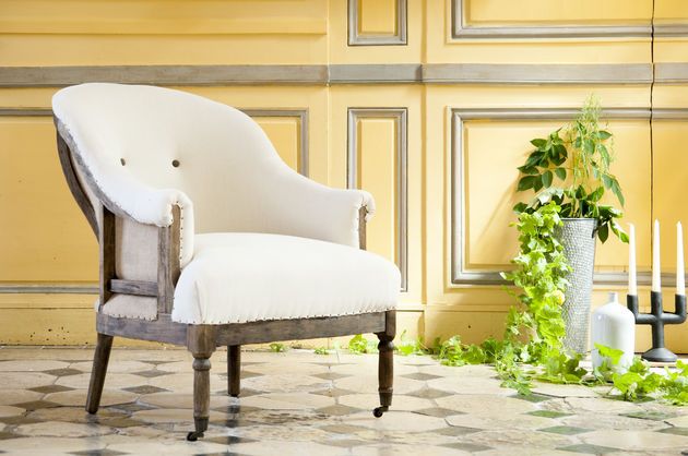 Ronde fauteuil van beige linnen en katoen Léonie